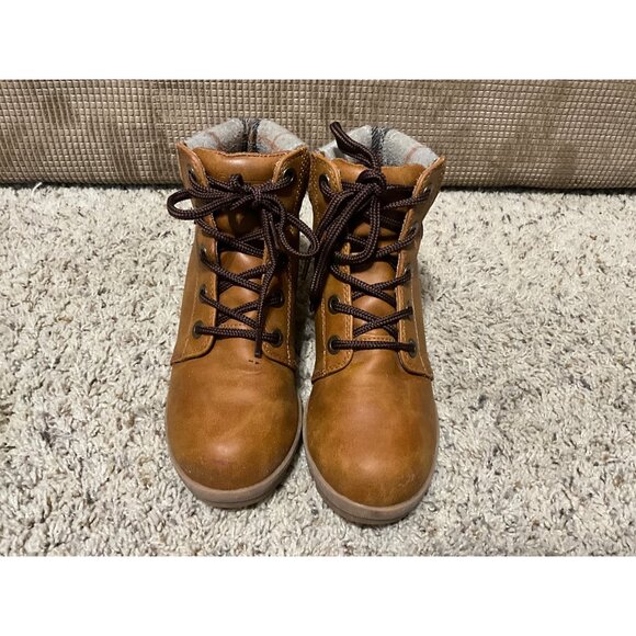 Lugz Womens Brown Ankle Boots With Plaid Collar & Wedge Heel Size 6 Faux Leather - Picture 11 of 11